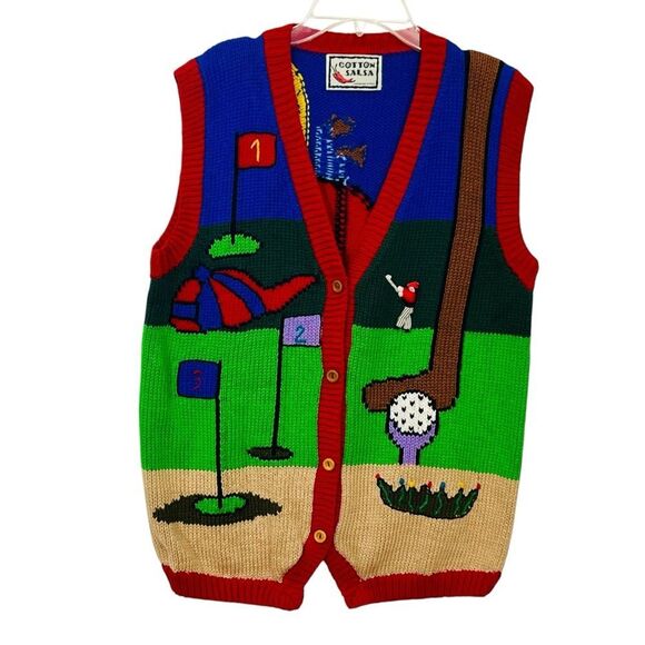 Vintage Golf Sweater Peruvian Vest 3D/Golfer Handmade knit Cardigan Ugly Sz M - Picture 1 of 14